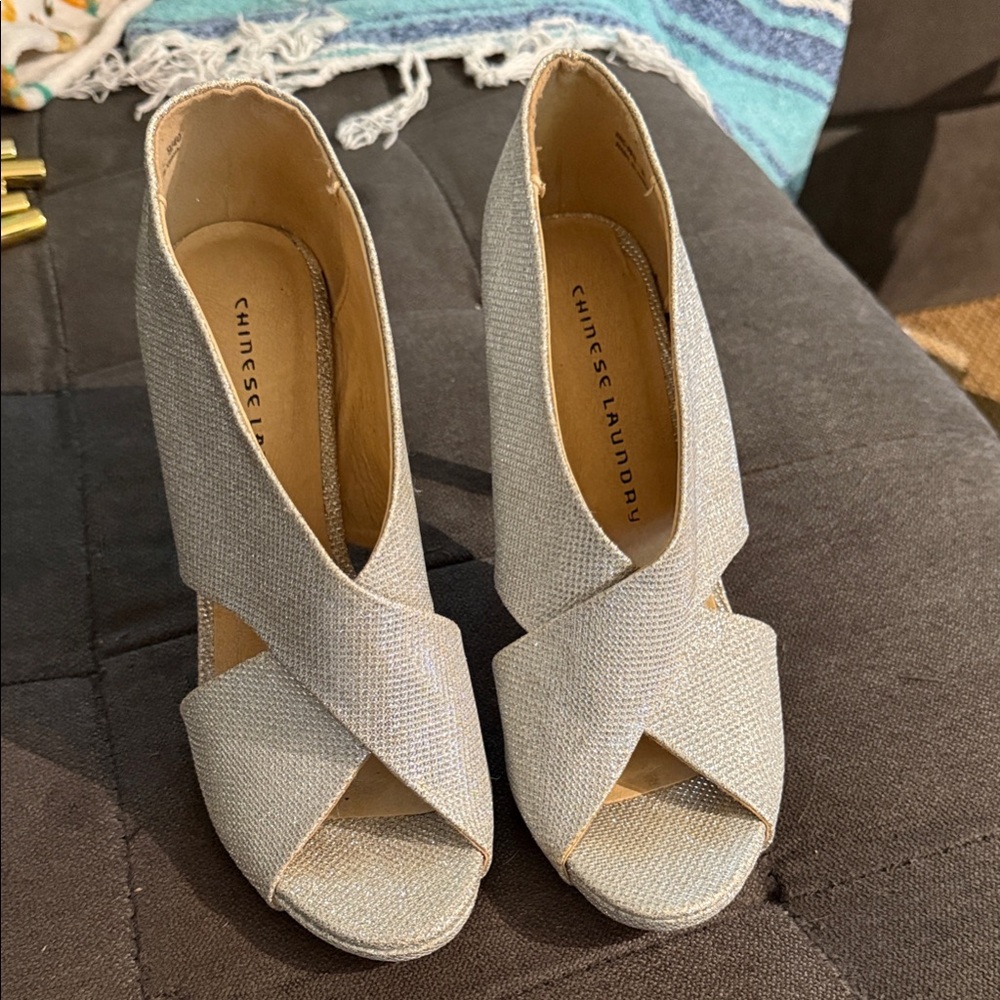 Chinese Laundry Silver Sparkle Crisscross Peep Toe Heels